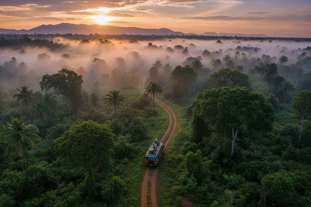 Aerial safari truck Uganda rainforest