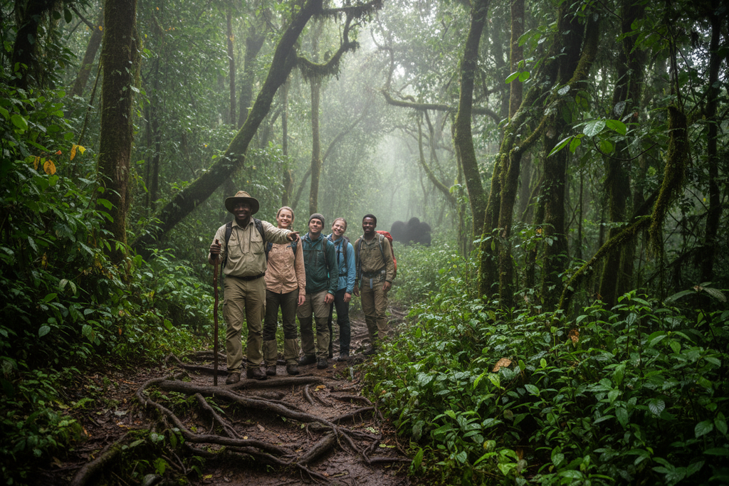 Gorilla trekking trail Uganda rainforest
