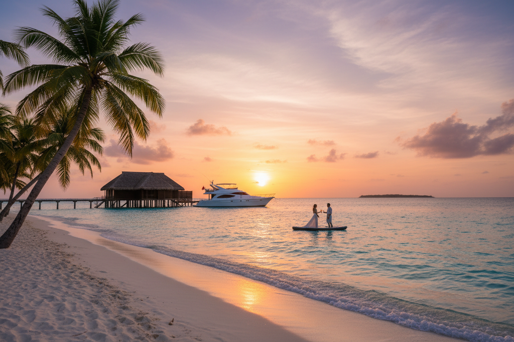 Luxury Caribbean beach with turquoise water and palm trees