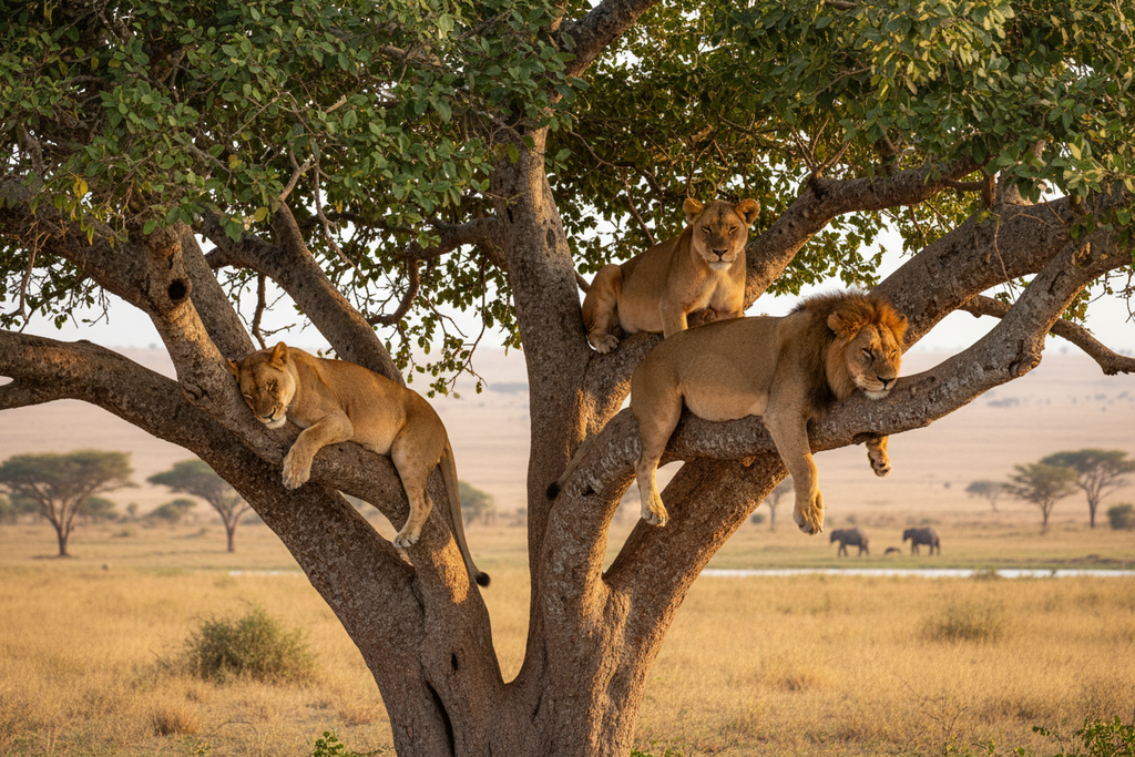 Tree climbing lions in Queen Elizabeth National Park, Uganda