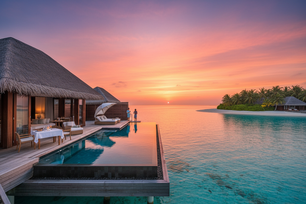 Luxury overwater bungalow villa in the Maldives at sunset