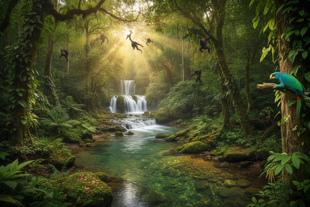 Uganda rainforest river flowing through lush jungle
