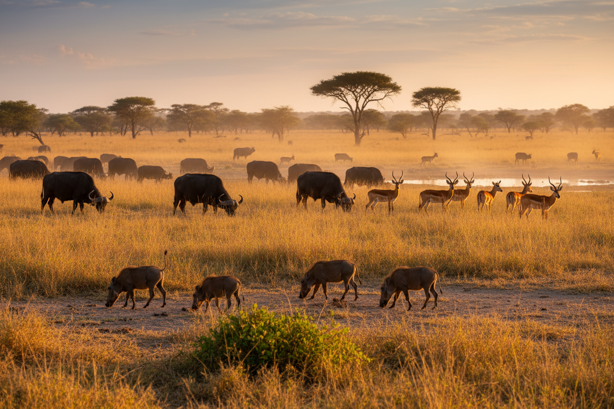 African buffalo warthogs and Uganda kob antelope on savanna at golden hour