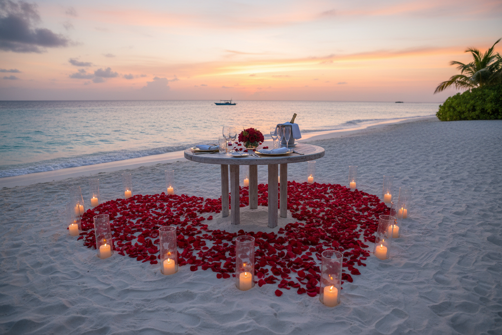 Romantic candlelit beach dinner at sunset in the Maldives