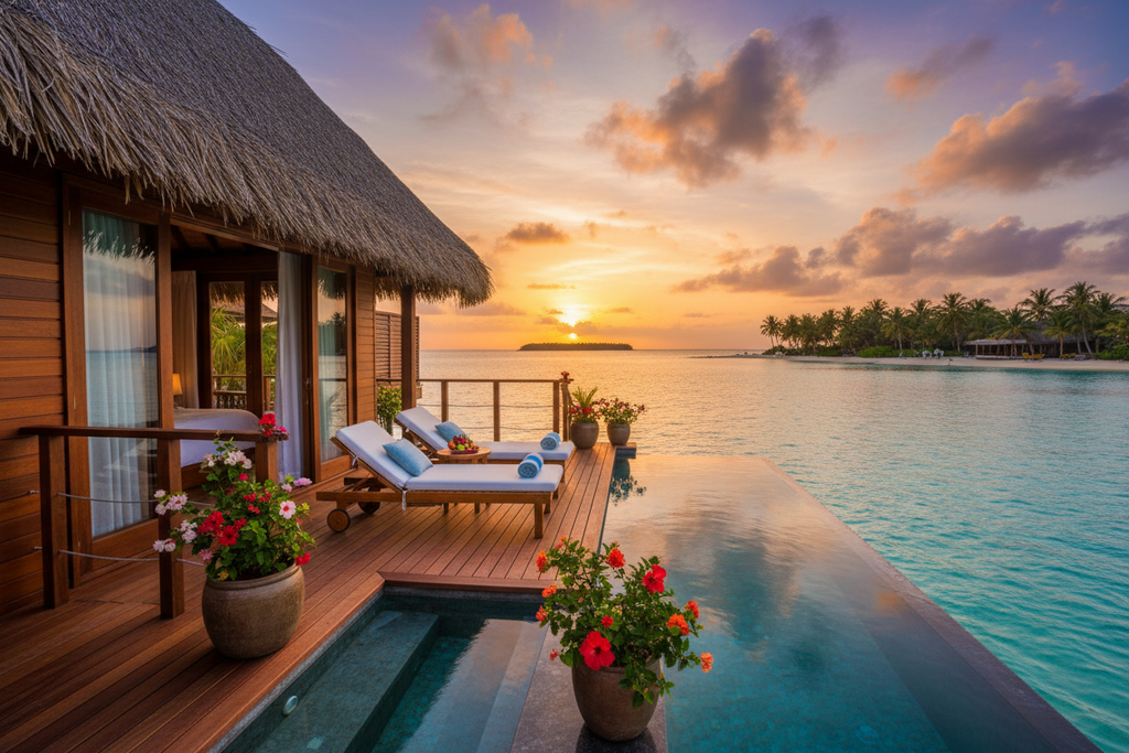 Luxury overwater villa in the Caribbean at sunset