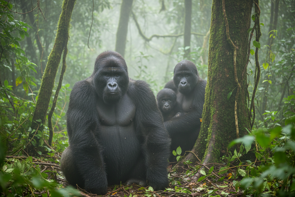 Mountain gorilla family in Bwindi Impenetrable Forest Uganda