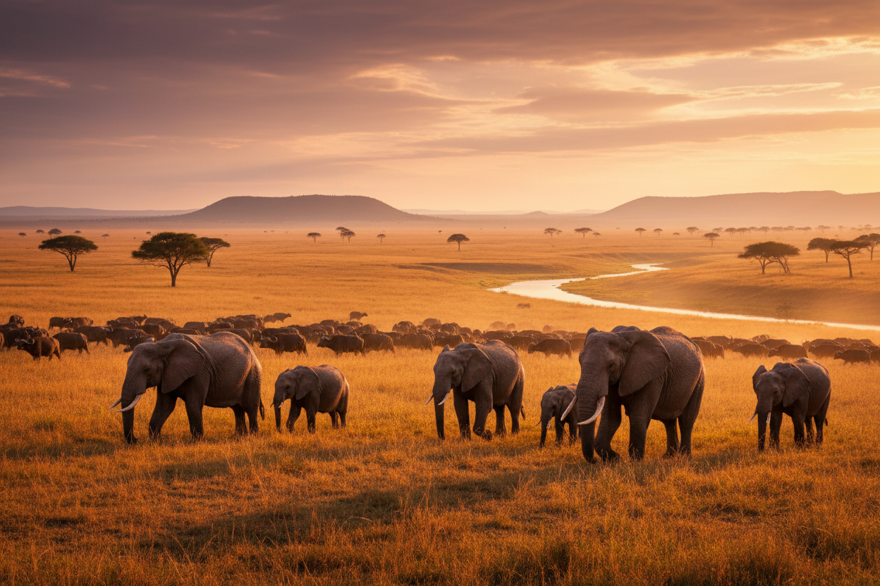 Uganda wildlife safari with elephants on savanna at golden hour