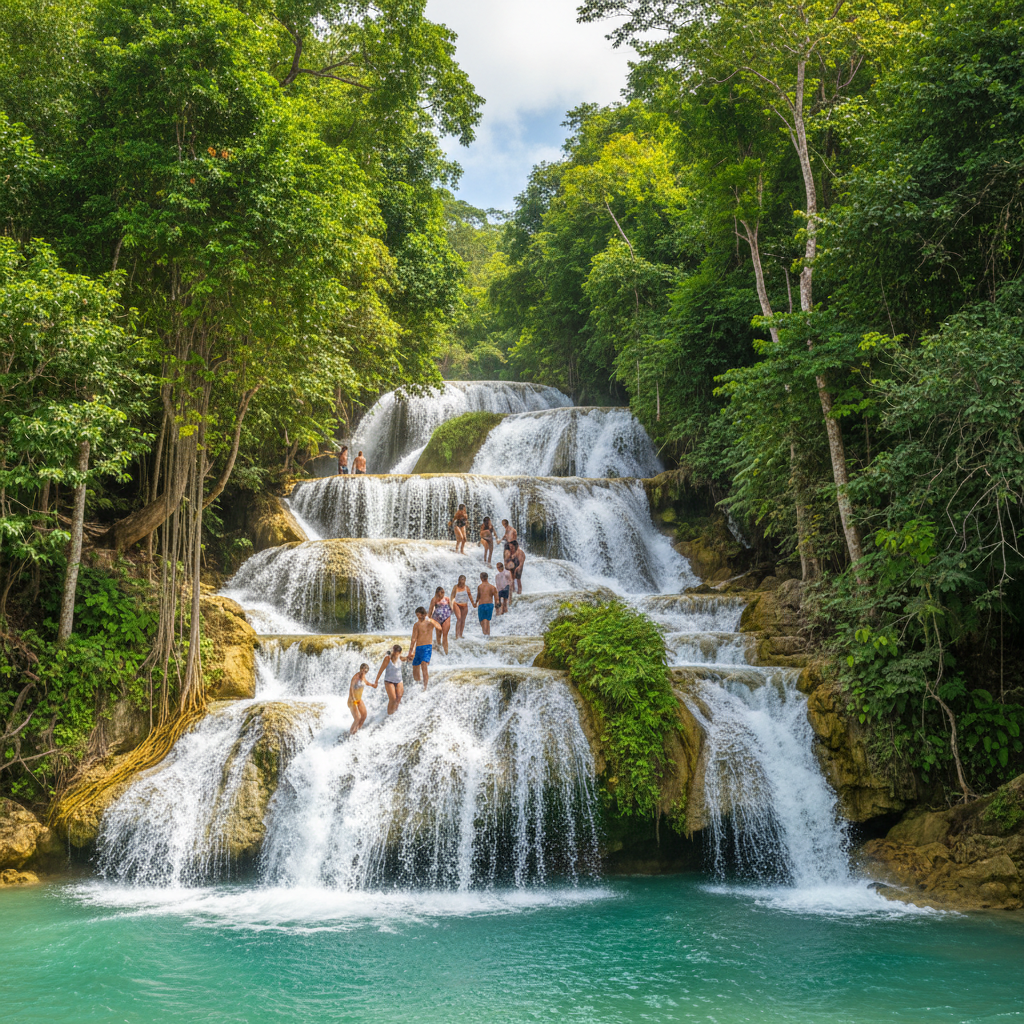 Dunn's River Falls cascading into the Caribbean sea in Ocho Rios Jamaica