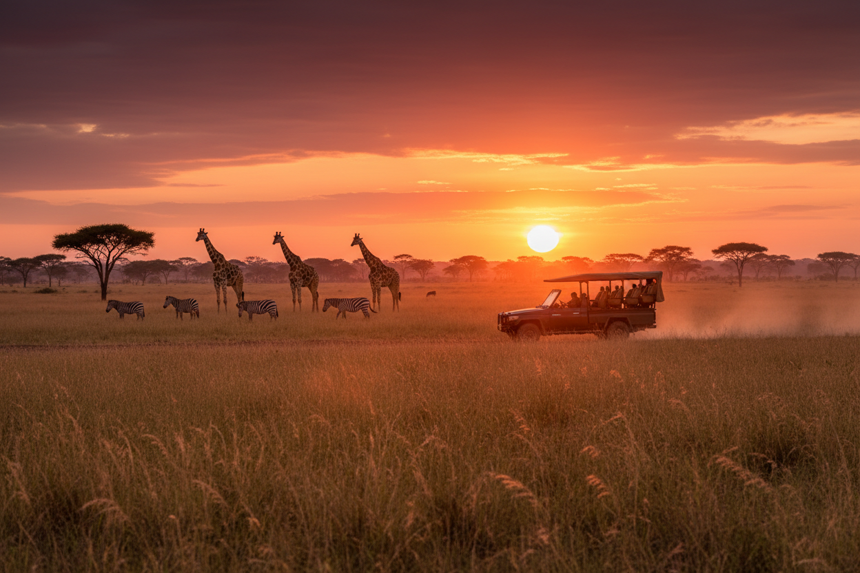 Safari game drive at sunset in Uganda with giraffes and zebras