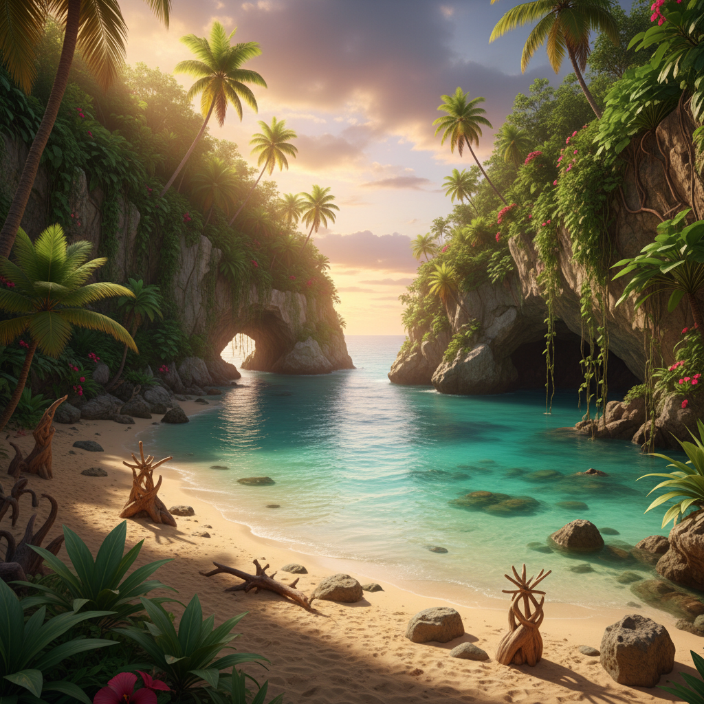 Hidden secret cove beach in Jamaica with turquoise water