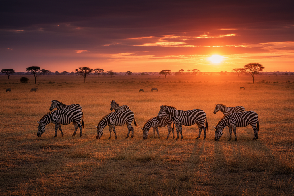 Herd of zebras grazing on golden savanna plains Uganda at sunset