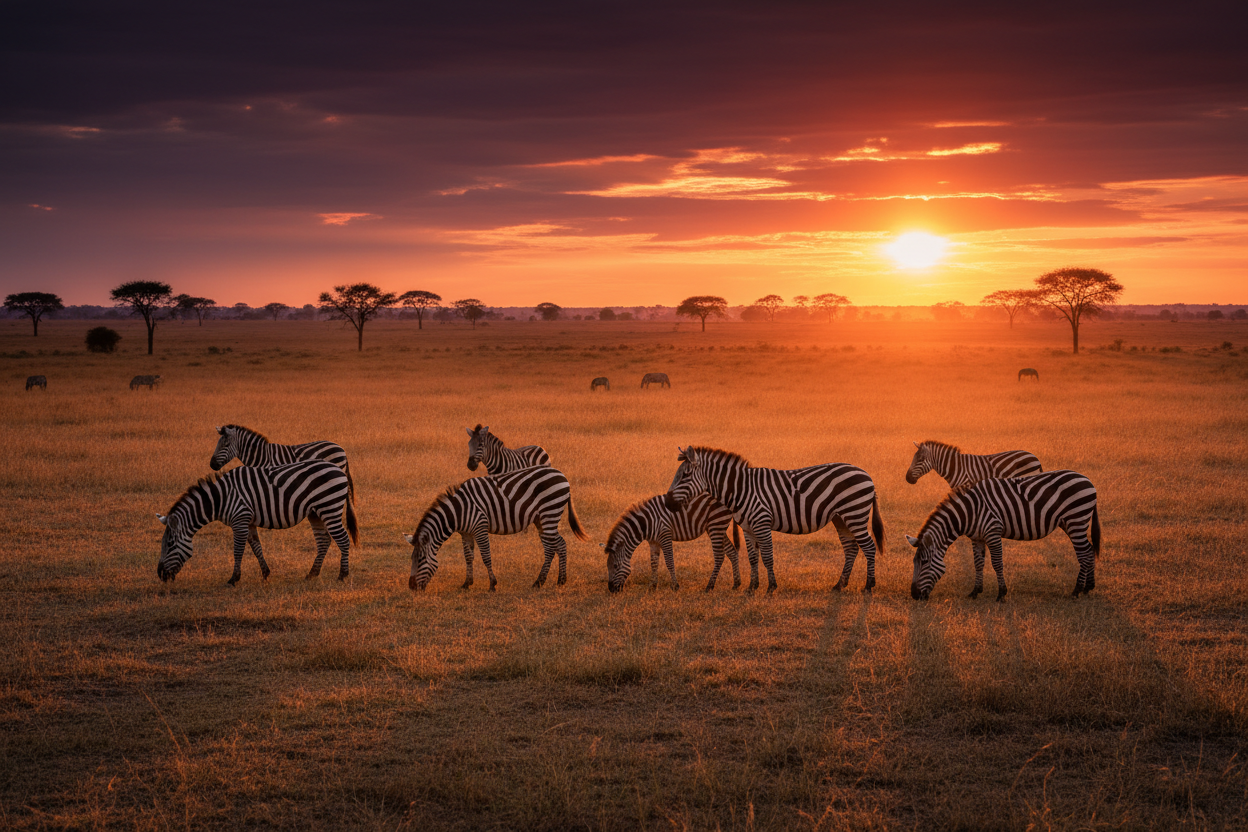 Herd of zebras grazing on golden savanna plains Uganda at sunset