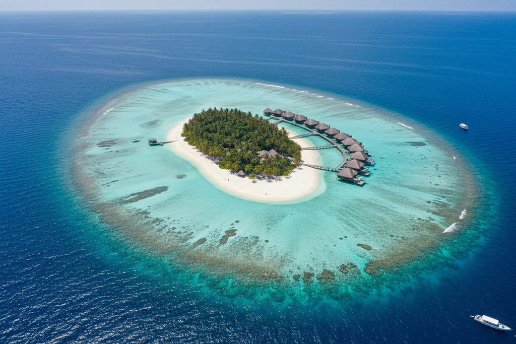 Stunning aerial drone view of Maldives tropical island and turquoise lagoon