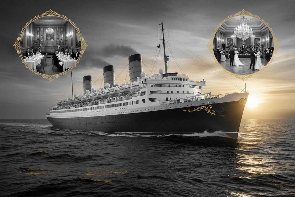 Classic elegant Cunard style luxury cruise ship at sunset