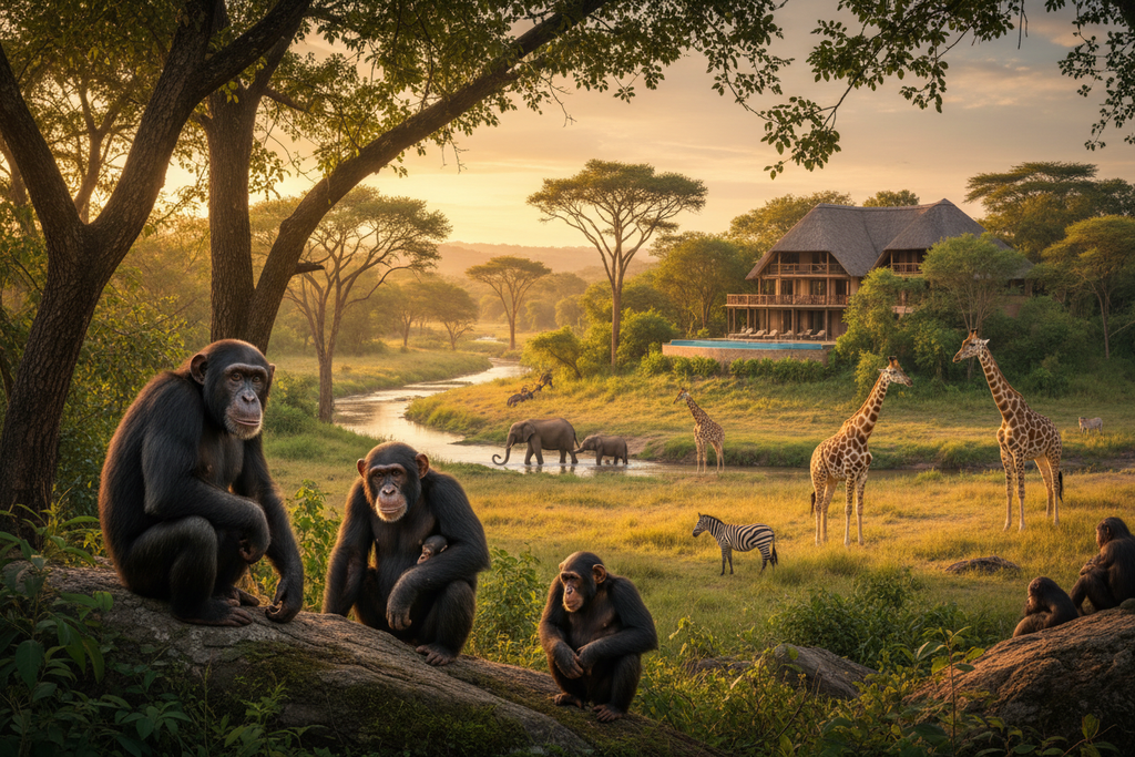 Chimpanzees and wildlife in Uganda national park with safari lodge