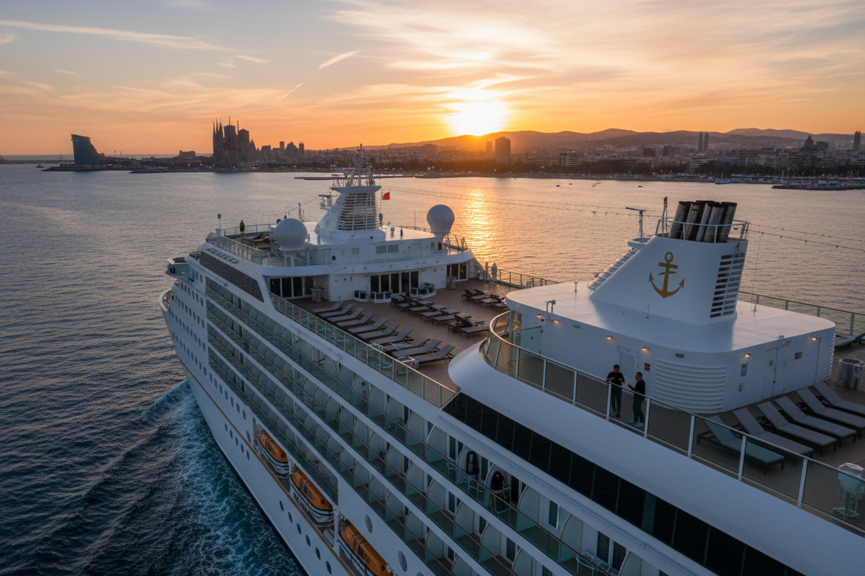 Luxury Mediterranean cruise ship sailing past Barcelona coastline