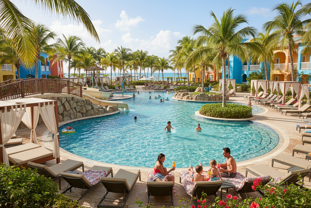Luxury family resort pool in a tropical Caribbean setting