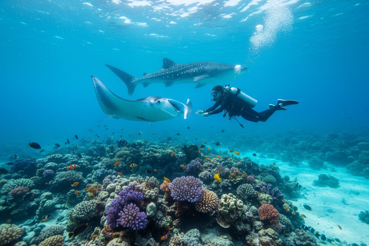 Scuba diver swimming with manta ray in crystal clear Maldives waters