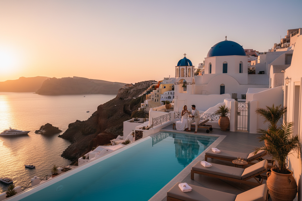 Luxury Santorini Greece holiday with iconic white buildings and blue domes