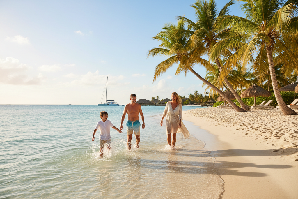 Happy family on a luxury Caribbean beach holiday