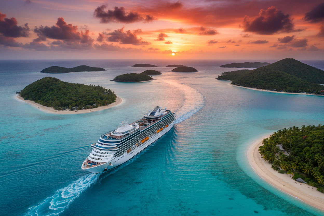 Luxury Caribbean cruise ship sailing through turquoise waters