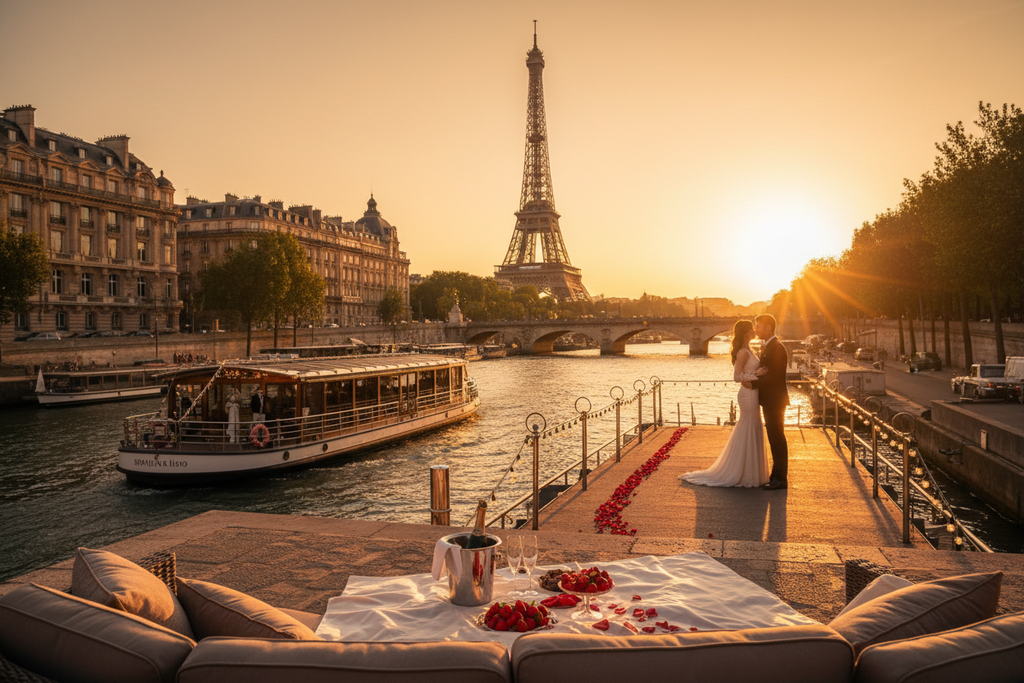 Luxury Paris France holiday with Eiffel Tower at sunset