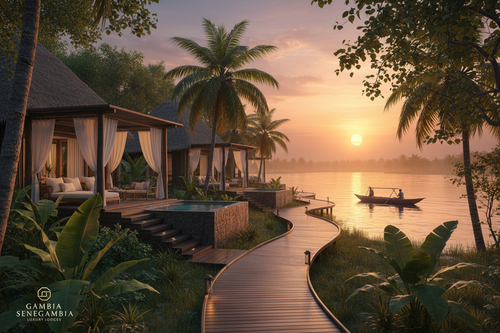 Gambia Senegambia luxury nature lodge at sunset