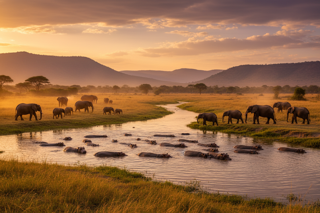 Queen Elizabeth National Park Uganda with hippos and elephants at sunset
