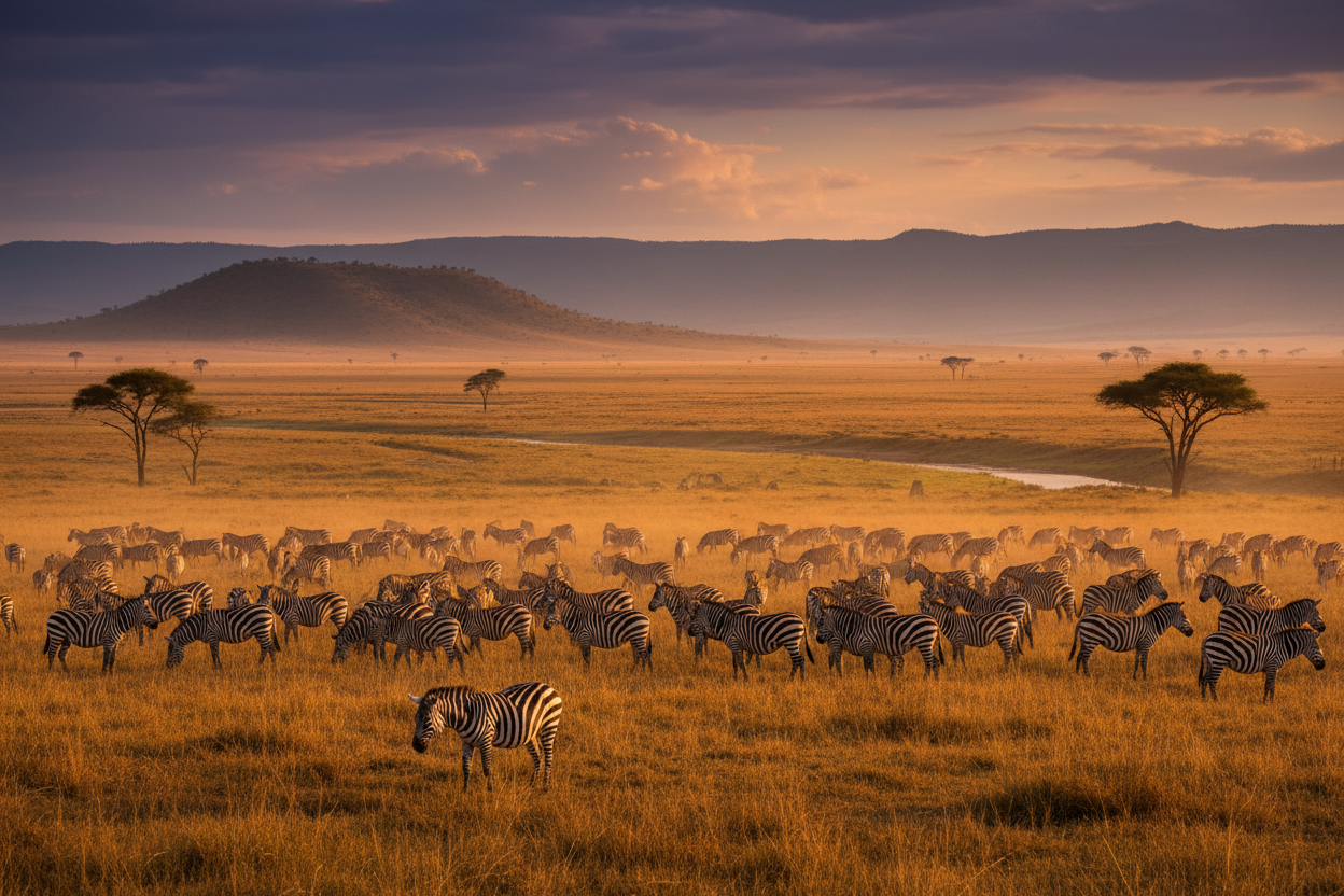 Herd of zebras grazing on Uganda savanna plains