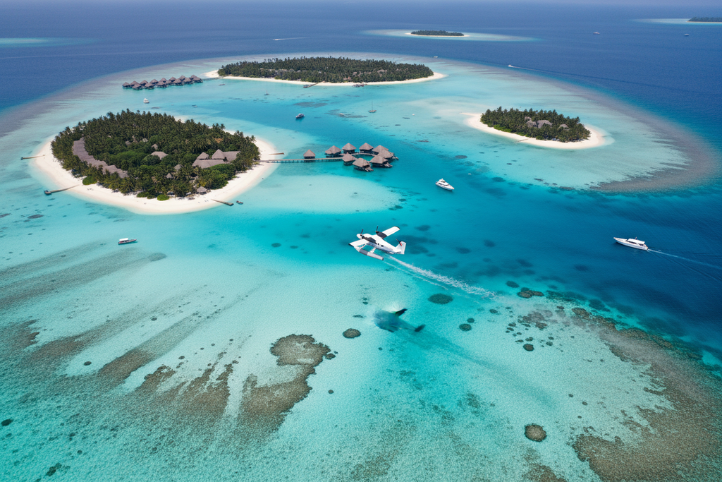 Seaplane landing on turquoise Maldives lagoon with aerial island views