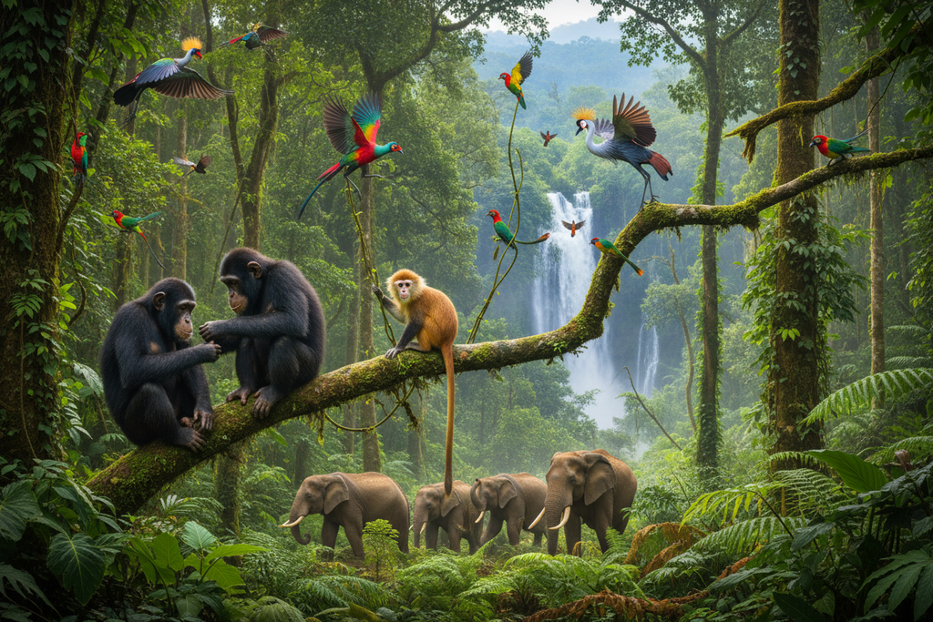 Exotic rainforest wildlife Uganda chimps golden monkeys colourful birds