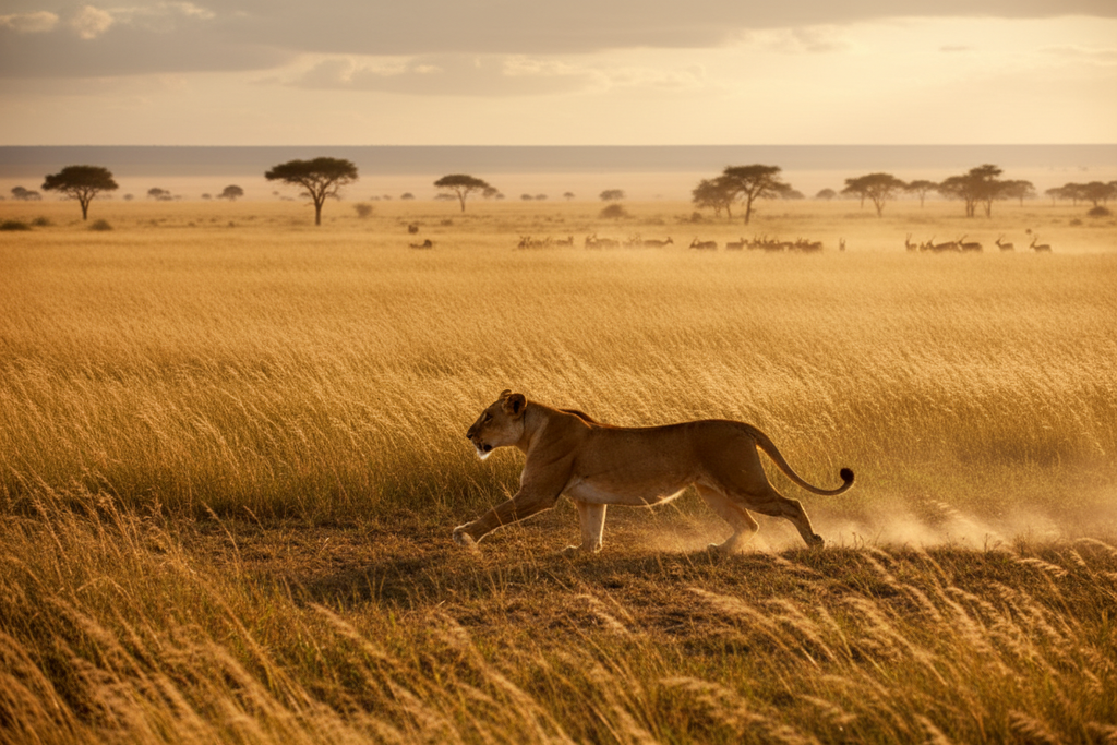 Lioness hunting Uganda savanna