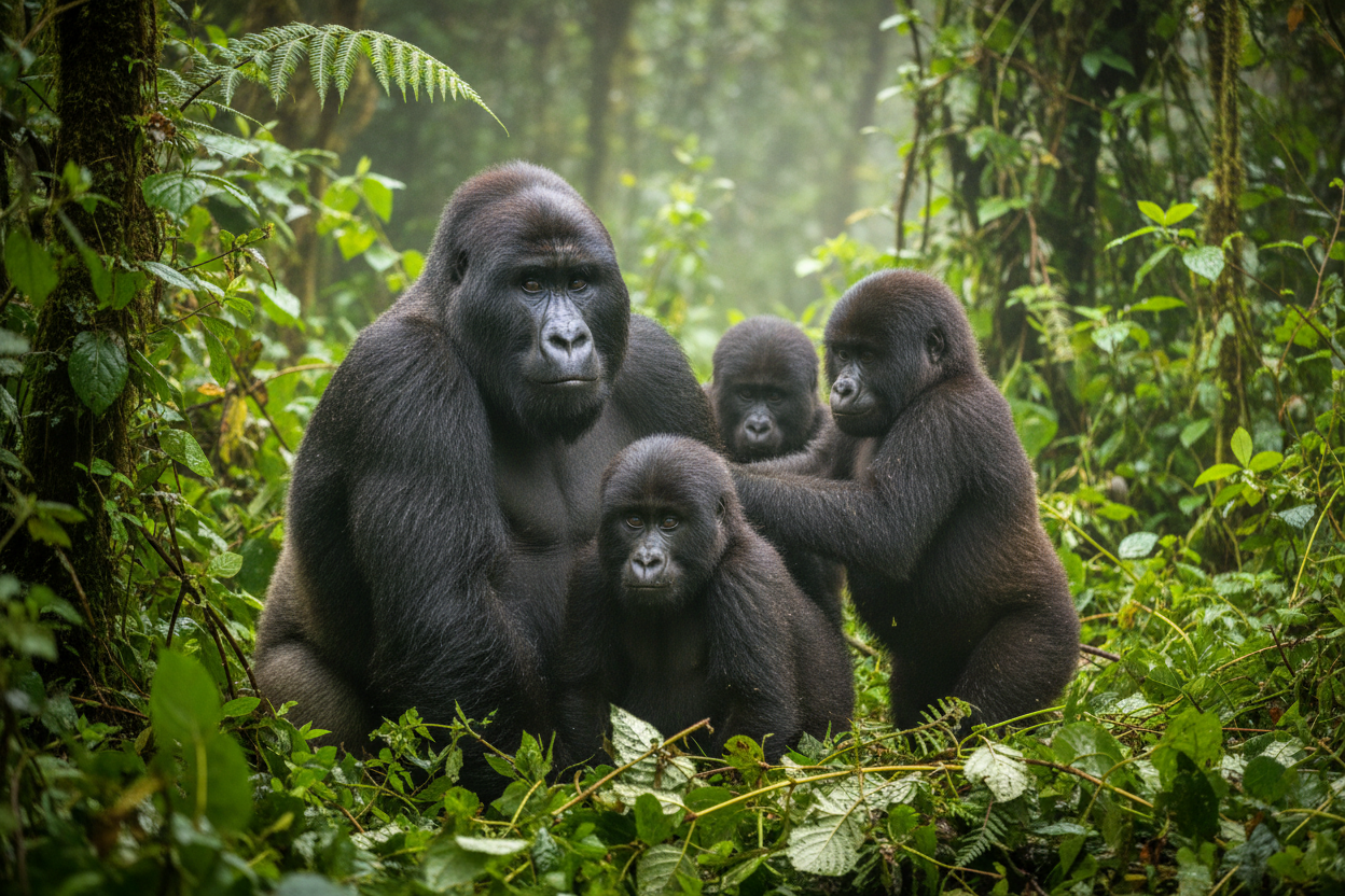 Mountain gorilla family in Bwindi Forest Uganda