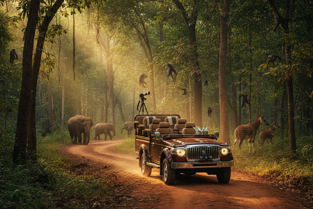 Safari game drive truck in Uganda rainforest