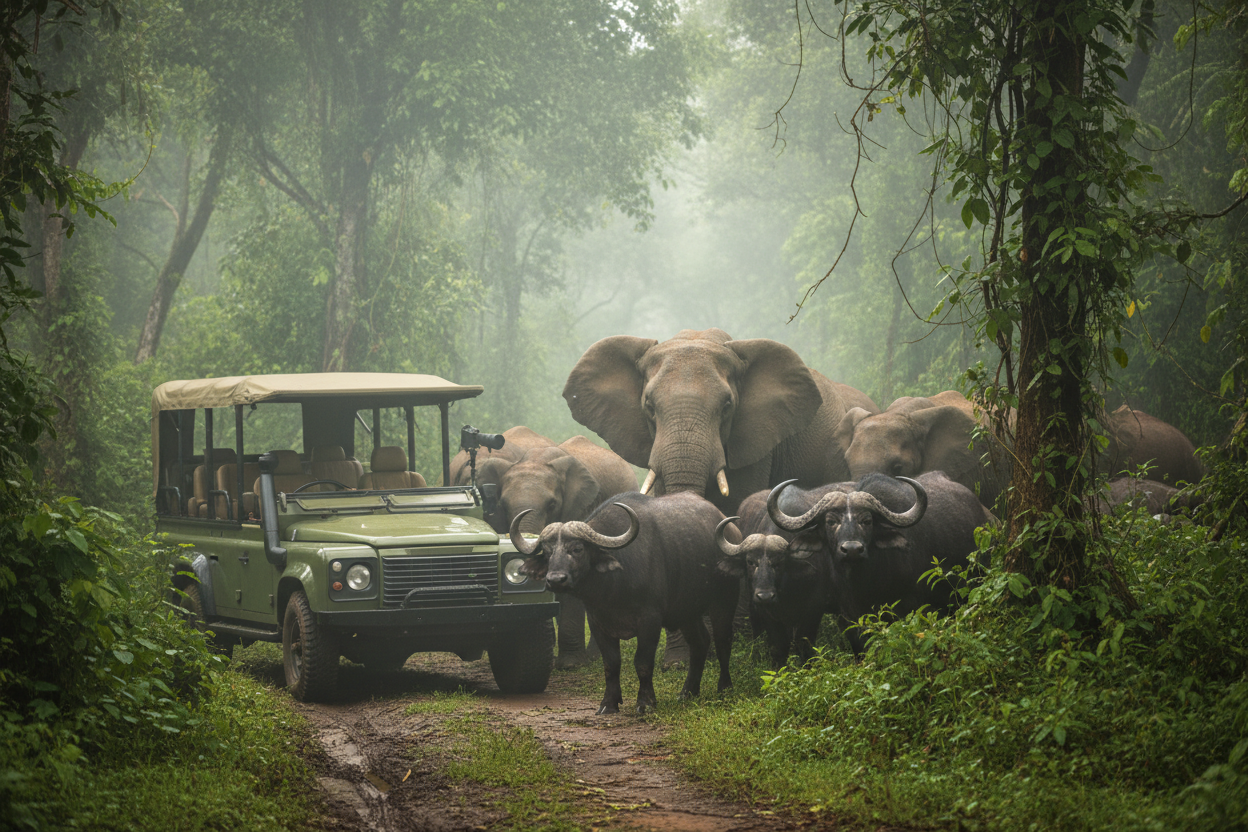 Wildlife near safari vehicle in Uganda